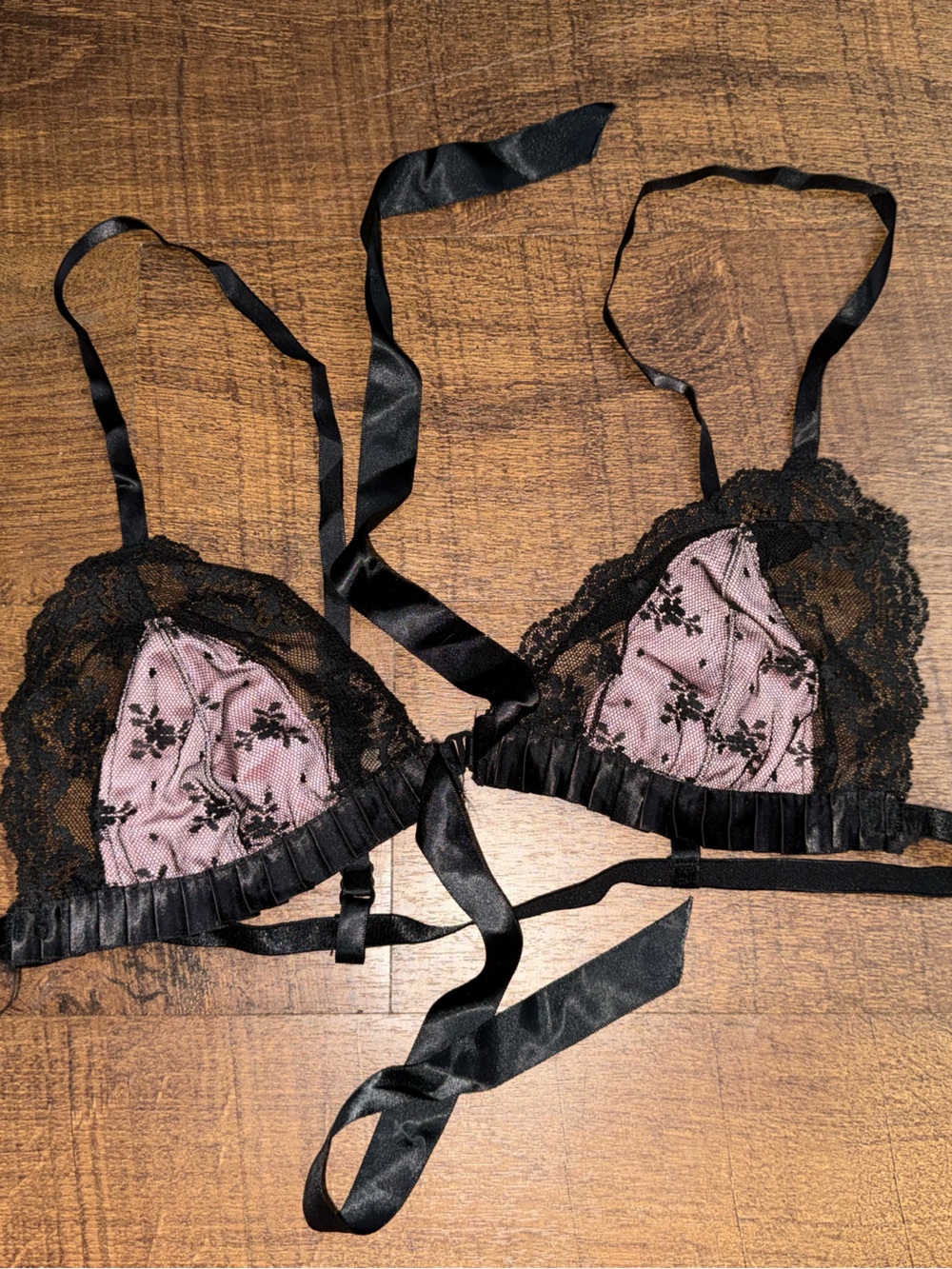Vintage Victoria Secret Sheer Lace Triangle Bralette in Dusty Pink and Black